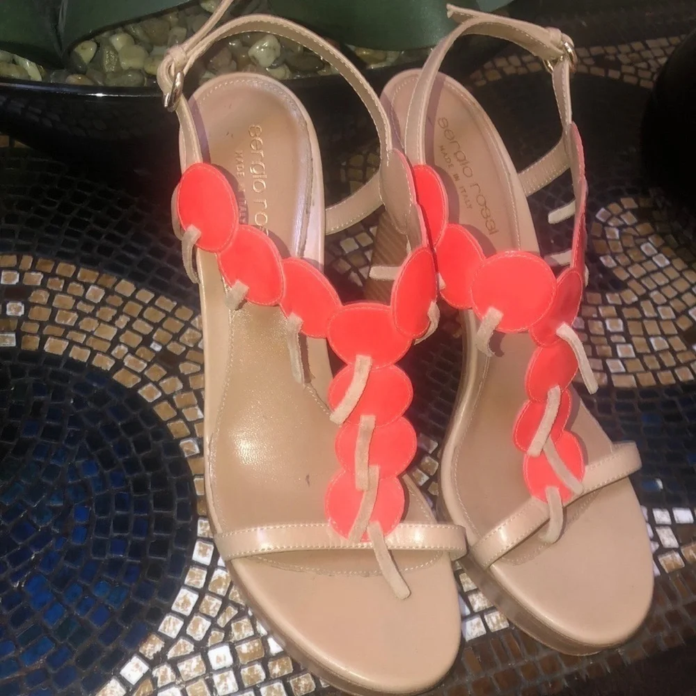 Sergio Rossi Coral Orange Frilled Leather Platform Open Toe Italian Sandals 37.5 - Picture 6 of 16